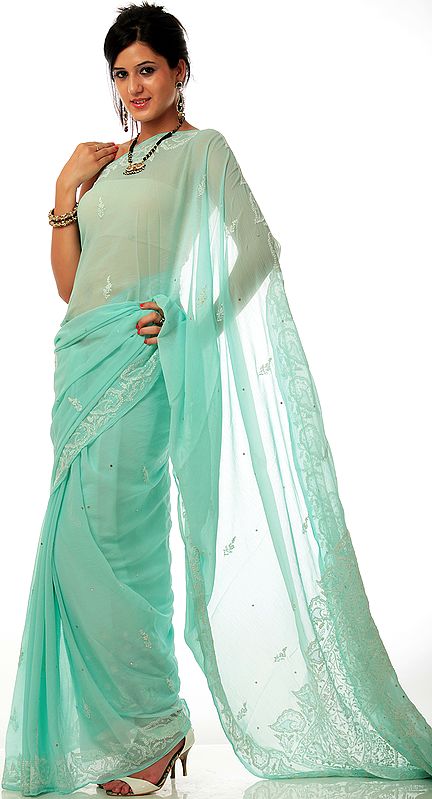 Tea-Green Lukhnavi Chikan Sari with All-Over Embroidery and Sequins