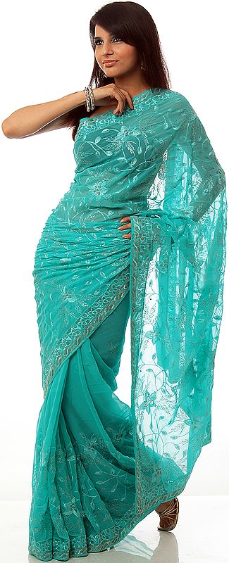 Turquoise-Blue Sari with Bootis Woven in Self and Aari-Embroidered Flowers All-Over