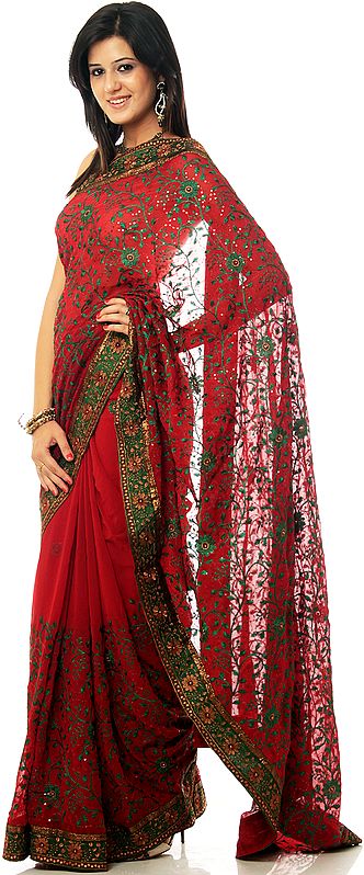 Maroon Wedding Sari with All-Over Embroidered Flowers in Green Thread