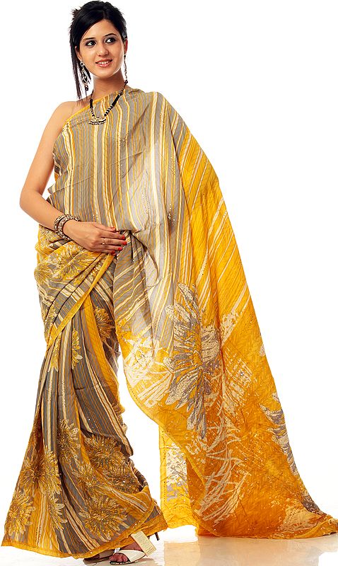Mustard Suryani Sari from Mysore with Floral Print and Sequins