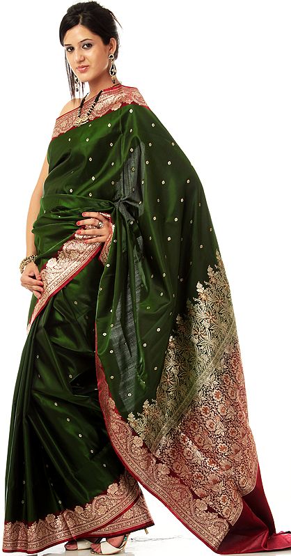 Metallic Green Banarasi Sari with Golden Bootis and Brocaded Anchal