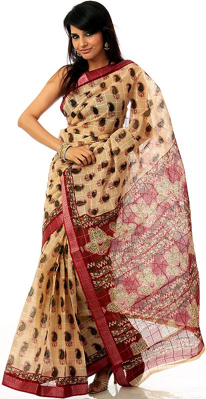Beige Sari from Bangalore with Printed Paisleys