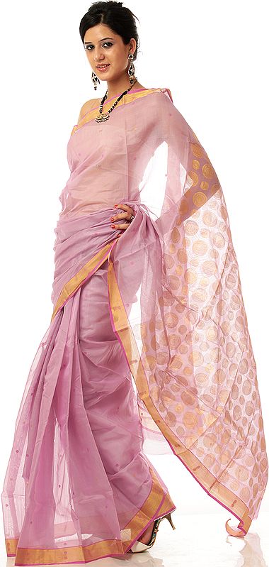 Light-Lilac Sari with Golden Circles Woven on Pallu