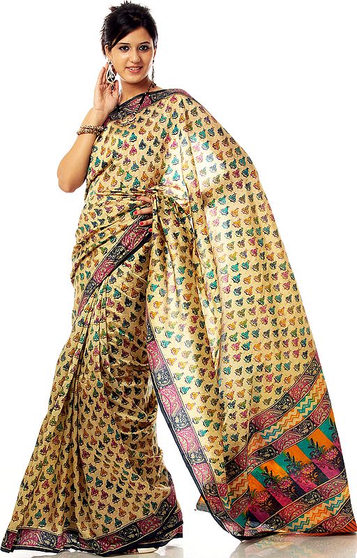 Beige Banarasi Sari with Multi-Color Printed Bootis