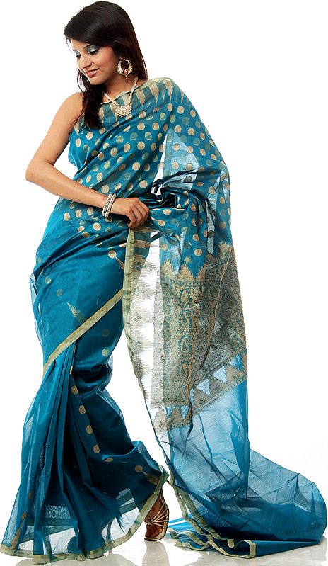 Celestial-Blue Banarasi Sari with Golden Circles Woven All-Over