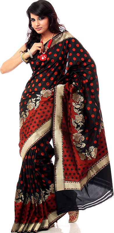 Black and Copper Designer Sari from Banaras with Woven Flowers