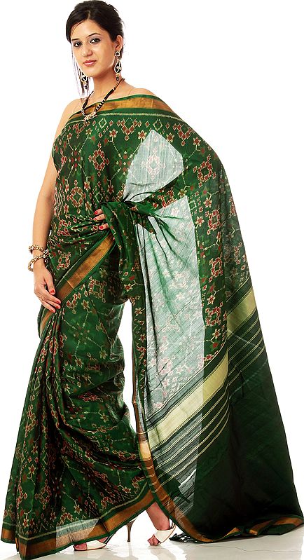 Islamic Green Double-Ikat Patan Patola Sari Hand-woven in Gujarat