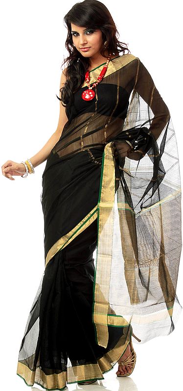 Plain Black Chanderi Sari with Wide Golden Woven Border