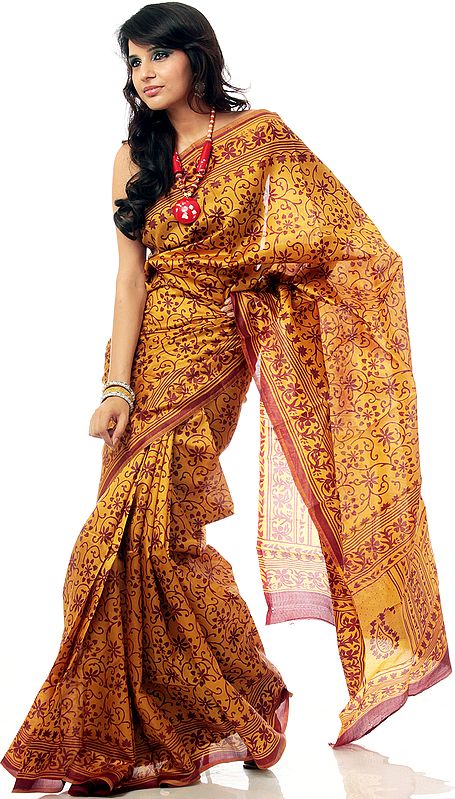 Printed Mustard-Golden Sari from Bangalore