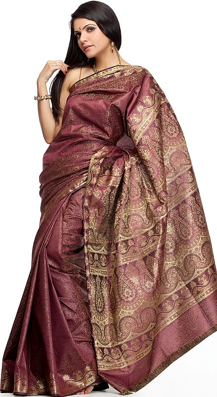 Chestnut Tanchoi Sari from Banaras with All-Over Golden Thread Weave