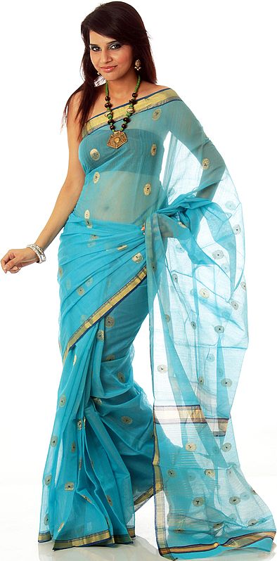 Sky-Blue Chanderi Sari with Golden Woven Border and Oval Bootis