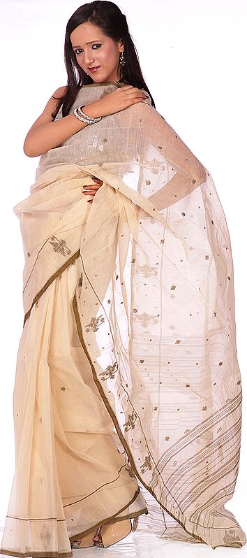 Ivory and Olive Hand-woven Tengail Sari from Bengal