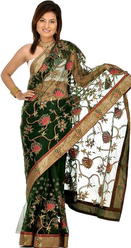 Green Wedding Sari with Crewel Embroidered Flowers