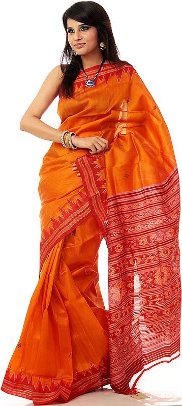 Orange and Red Khadi-Silk Sari with Temple Border and Ikat Weave on Anchal