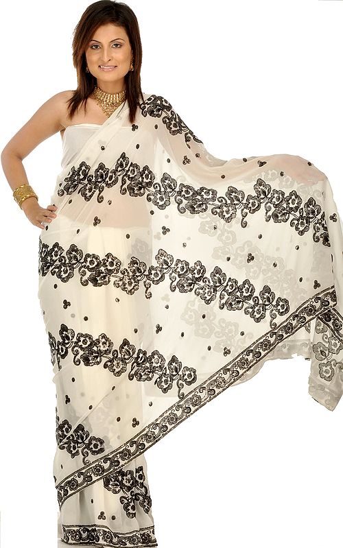 Ivory Sari with Black Sequins Embroidered as Flowers