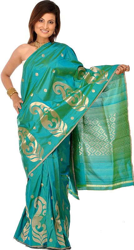 Baltic-Green Sari from Banaras with Large Woven Paisleys