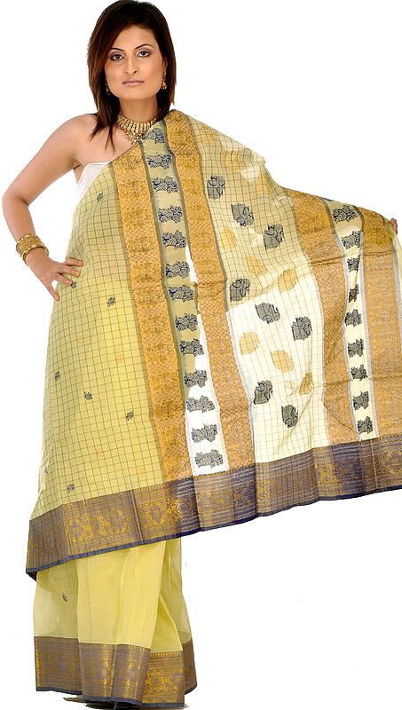 Lime-Green Mulmul Sari from Bengal with Brocade Border