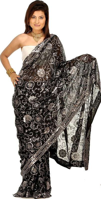 Black Sari with Embroidered Flowers and Sequins
