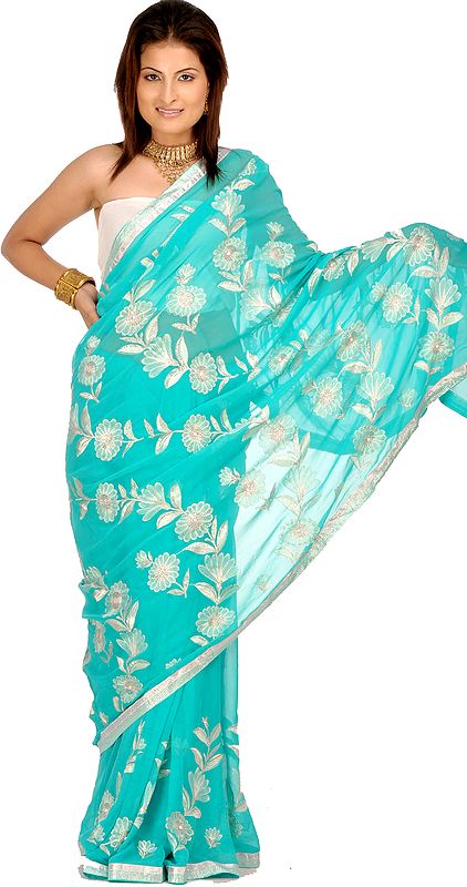 Cyan Sari with Floral Embroidery and Gota Border