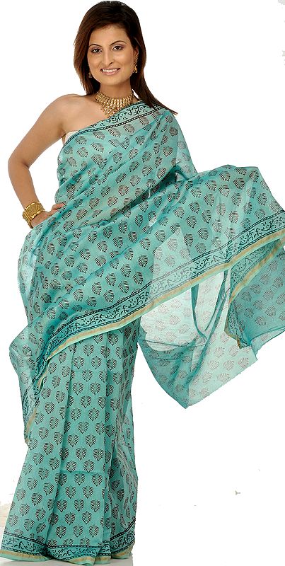 Powder-Blue Chanderi Sari with All-Over Block-Printed Leaves