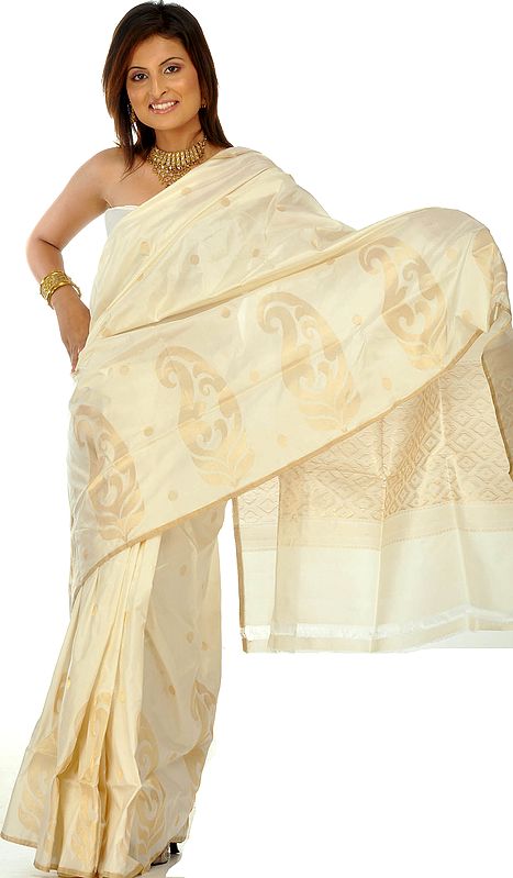 Cream Wedding Sari from Banaras with Large Woven Paisleys