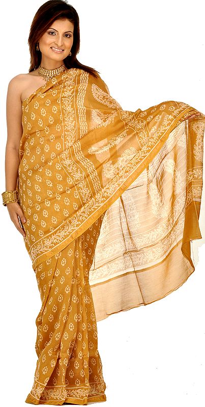 Mustard Chanderi Sari with All-Over Block-Printed Bootis