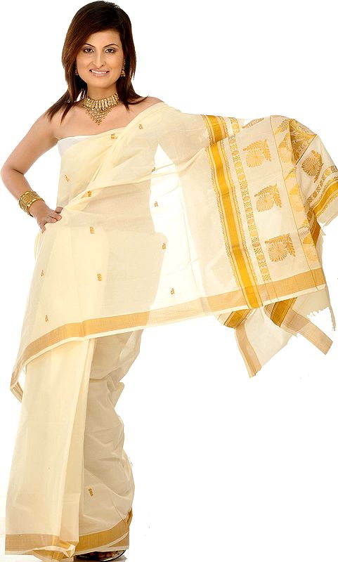 Ivory Kasavu Cotton Sari from Kerala with Golden Thread Weave