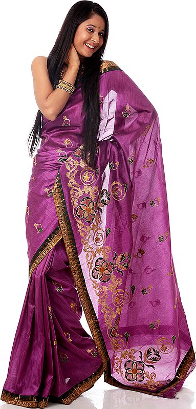 Purple Banarasi Sari with Aari Embroidery and Patch Border