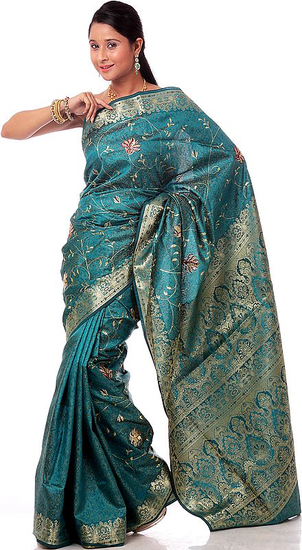 Green Tanchoi Sari from Banaras with All-Over Golden Thread Weave and Crewel Embroidery
