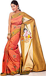 Coral Tissue Sari from Mysore with Embroidered Little Krishna