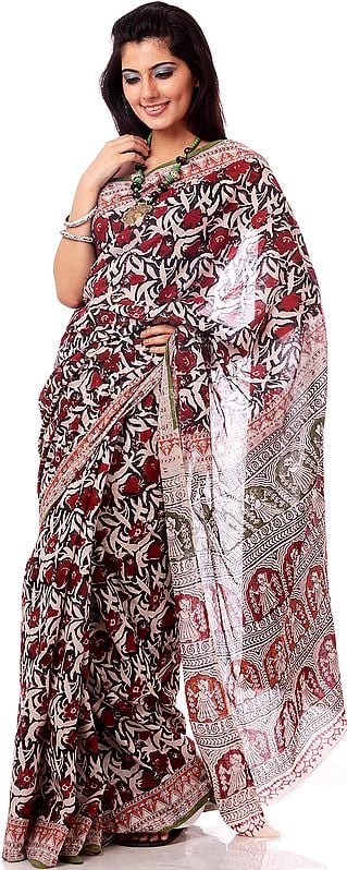 Floral Block-Printed Kalamkari Sari