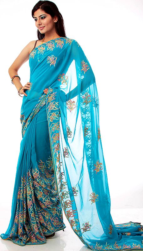 Turquoise Sari with Aari Embroidery All-Over