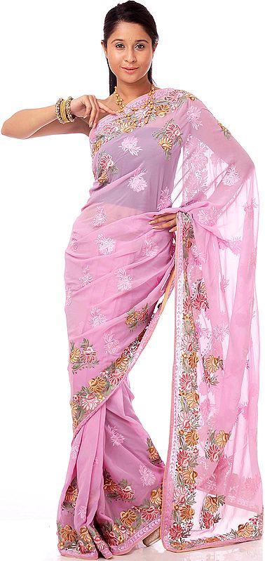 Orchid Sari with Parsi Embroidered Flowers All-Over