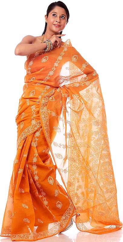 Golden-Ochre Sari with Lukhnavi Chikan Embroidery