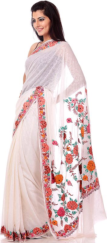 Ivory Floral Sari from Kashmir with Aari Embroidery and Self Weave