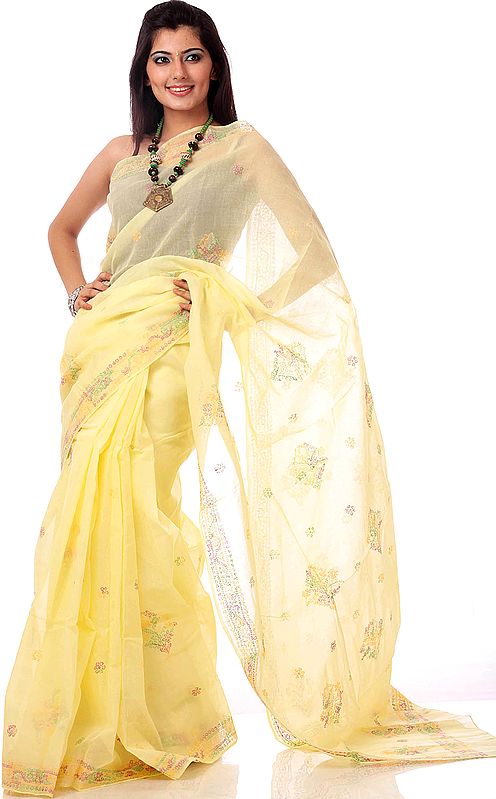 Powder-Yellow Sari with Lukhnavi Chikan Embroidery