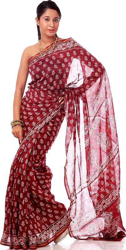 Cordovan Chanderi Sari with All-Over Block-Printed Bootis