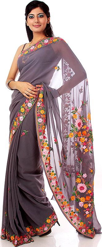 Gray Floral Sari from Kashmir with Aari Embroidery and Self Weave