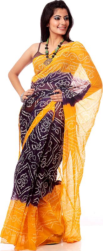 Purple and Yellow Bandhani Tie-Dye Sari from Gujarat