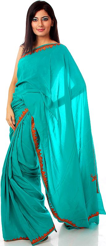 Spectra-Green Sari from Kashmir with Sozni Embroidery by Hand on Borders