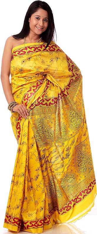 Yellow Sari from Kolkata with Paisley Print