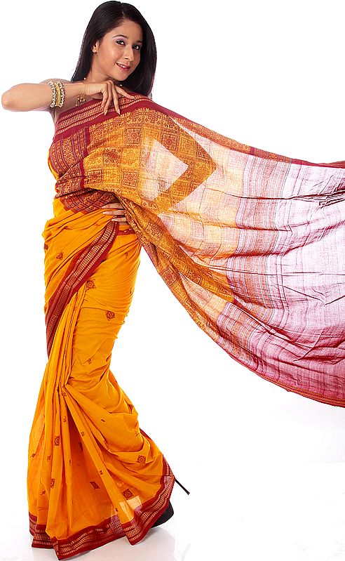 Handwoven Amber Bomkai Sari with Bootis and Rudraksha Border