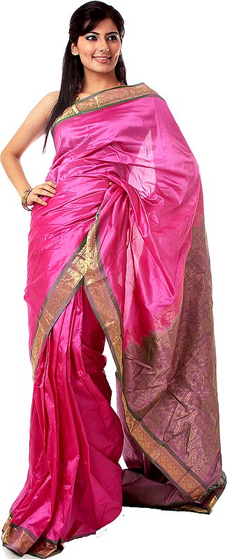 Pink Kanjivaram Sari with Golden Zari Weave on Anchal and Border