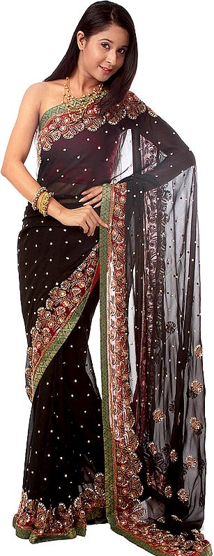 Black Wedding Sari with Heavy Floral Embroidery by Hand