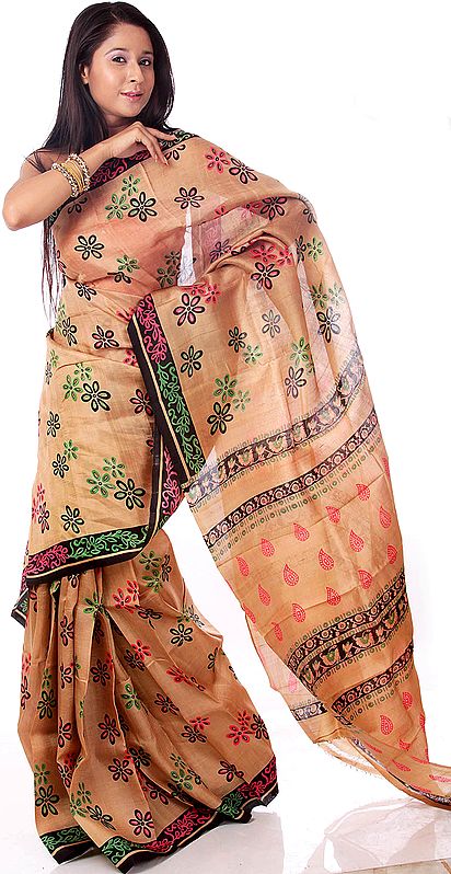 Khaki Block-Printed Sari from Kolkata