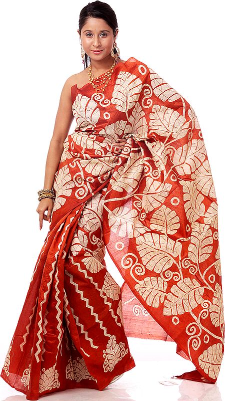 Rust Sari from Bangalore with Threadwork and Printed Leaves