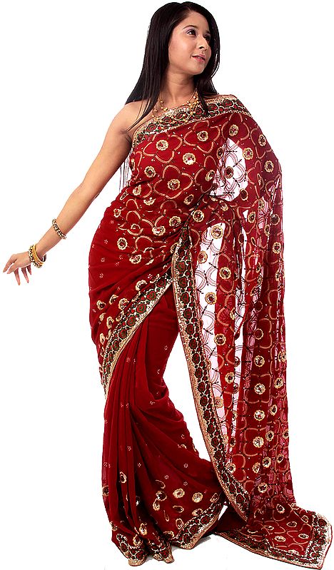 Burgundy Sari with Heavy Floral Embroidery