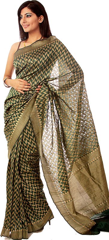 Green Banarasi Sari with All-Over Thread Weave