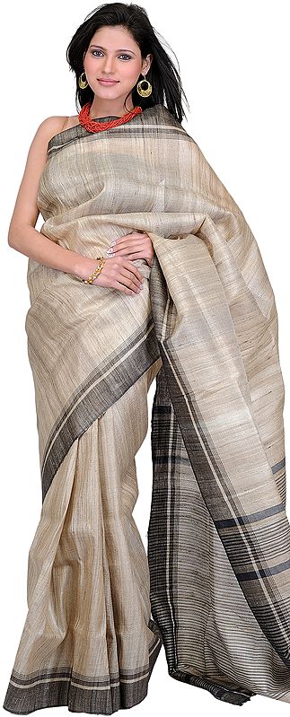 Sahara-Sun Kosa Silk Sari from Jharkhand with Woven Black Stripes