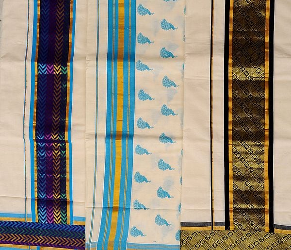 Lot of Three Handwoven Kasavu Saris from Kerala with Golden Thread Weave